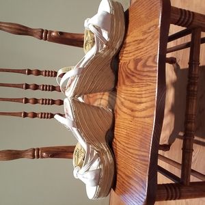 Nana White And Gold Wedge Heel Sandal With Wrap Around Ankle Strap 7